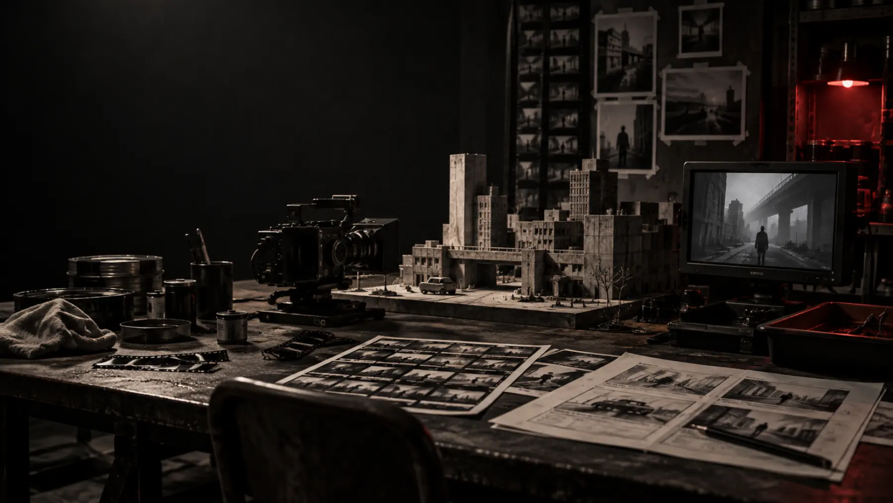 A practical filmmaking desk with a miniature brutalist city, camera and storyboards