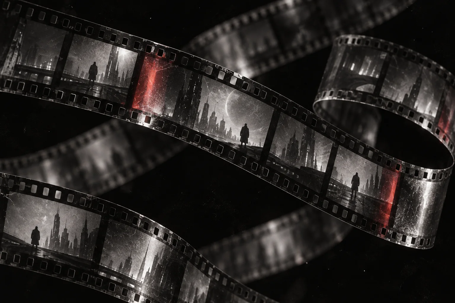 Monochrome film strips carrying frames of a city and one figure