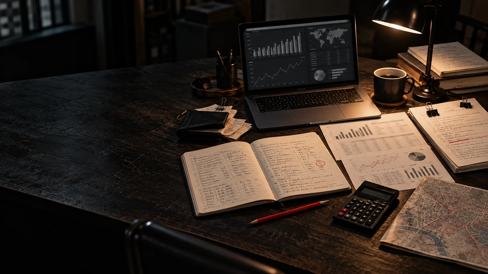 An analyst's worktable with a ledger, cleaned data, maps and a restrained dashboard