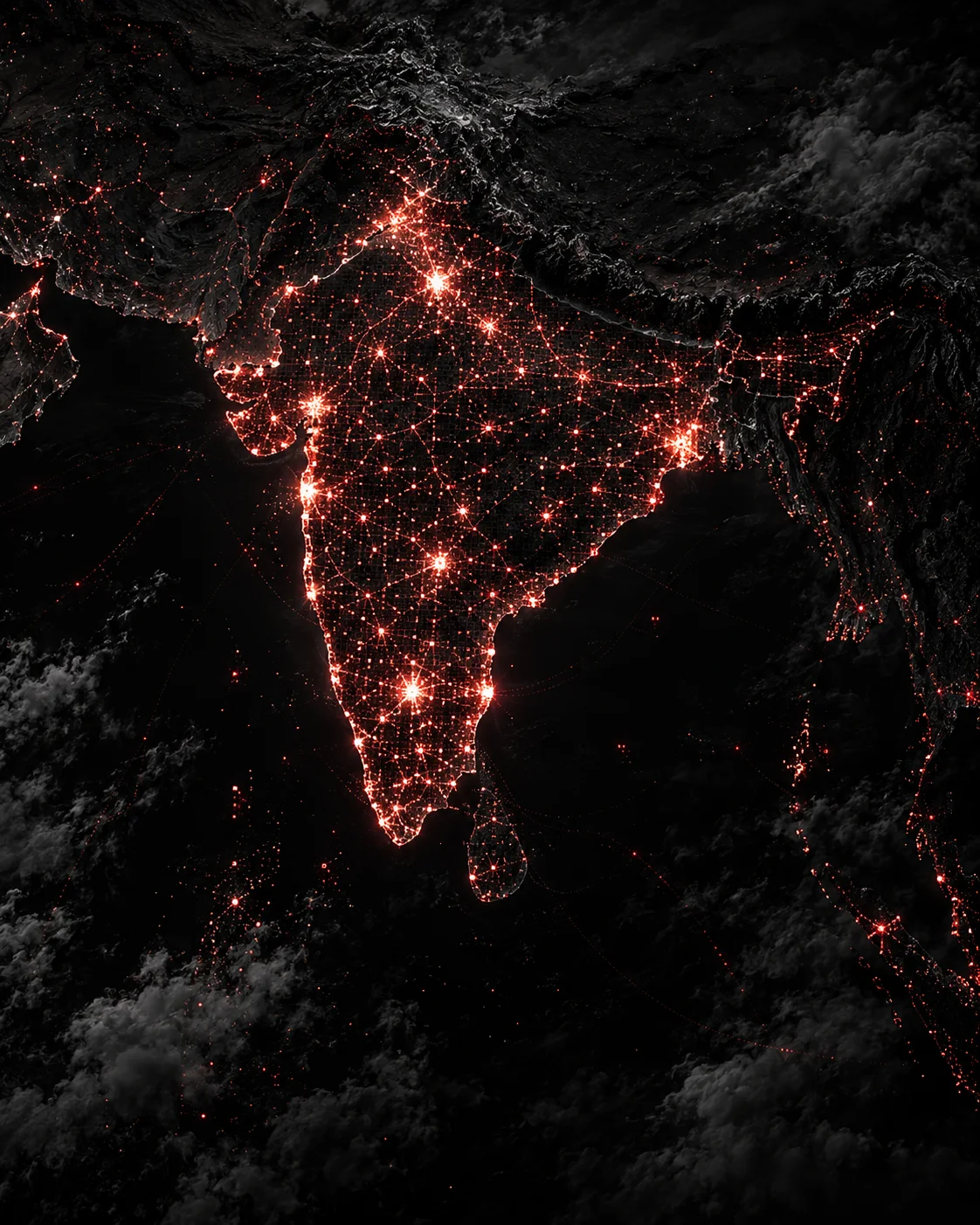 India rendered as a dark field of geospatial cells and red points