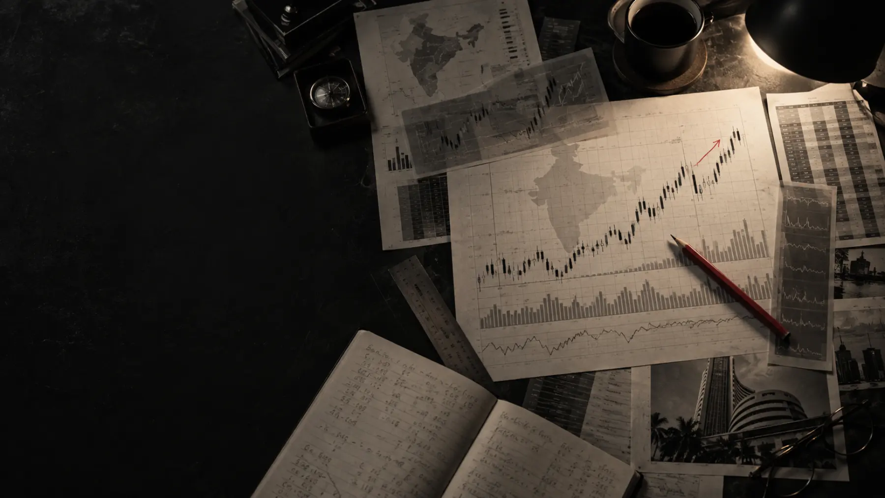 A night-time market research desk with printed Indian market charts and calculation notes