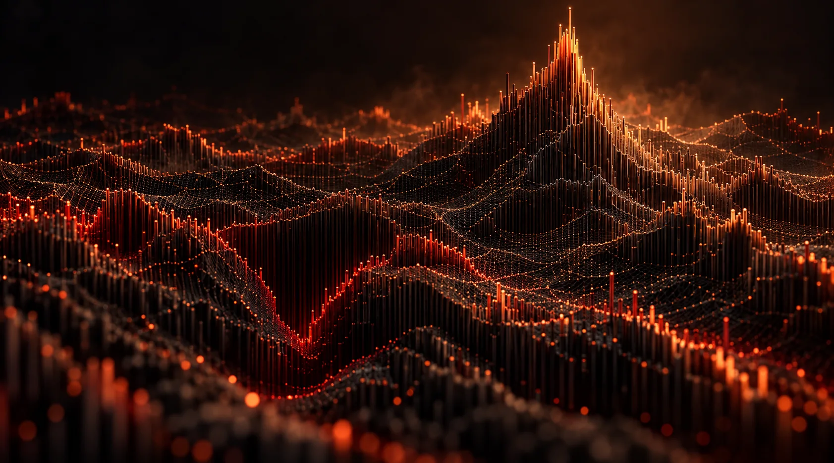 A sculptural field of market data rising into peaks and troughs