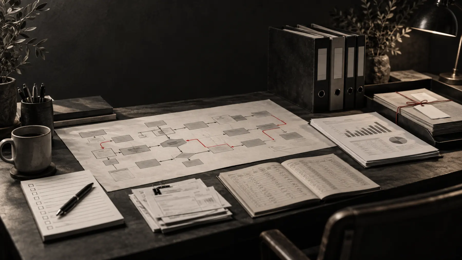 A business operations worktable with process maps, checklists, reports and ledgers