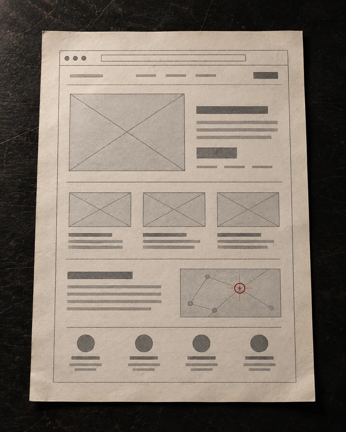 A website wireframe documented on paper