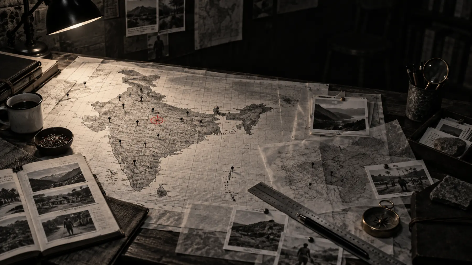 A physical map of India divided into research cells with evidence notes and measuring tools