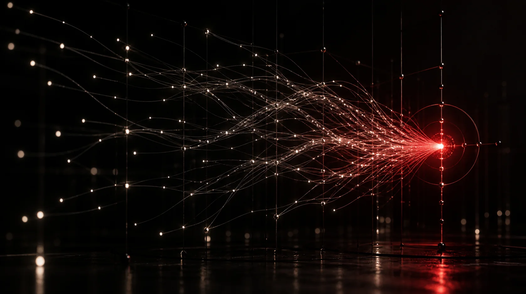 Fine research threads converging on a restrained red evidence point