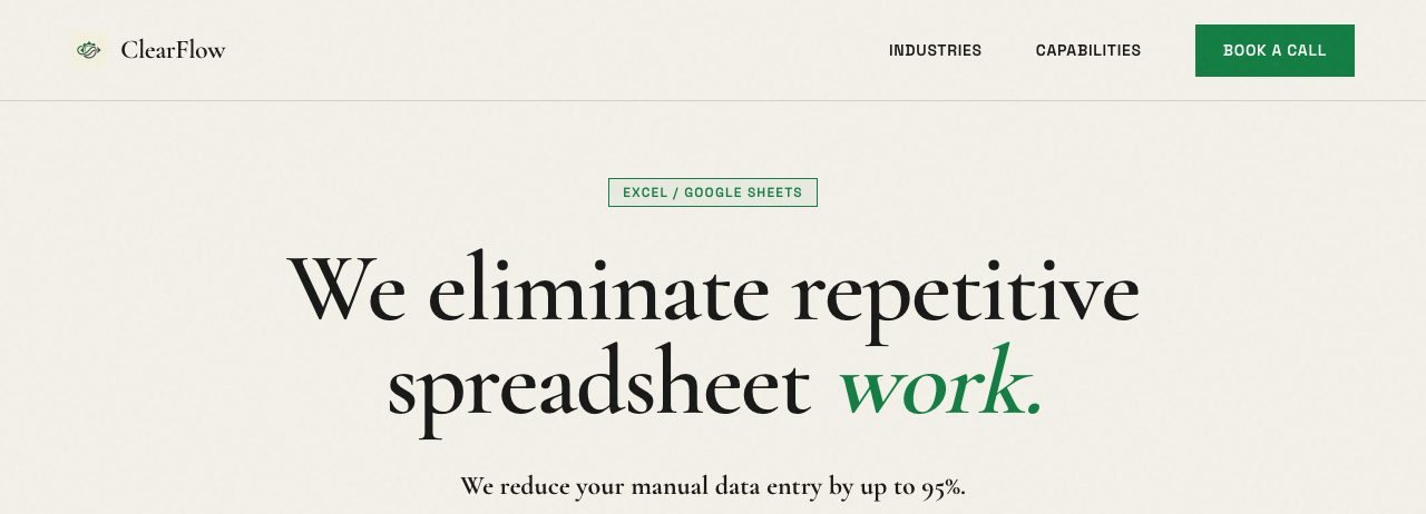 The ClearFlow marketing site's headline